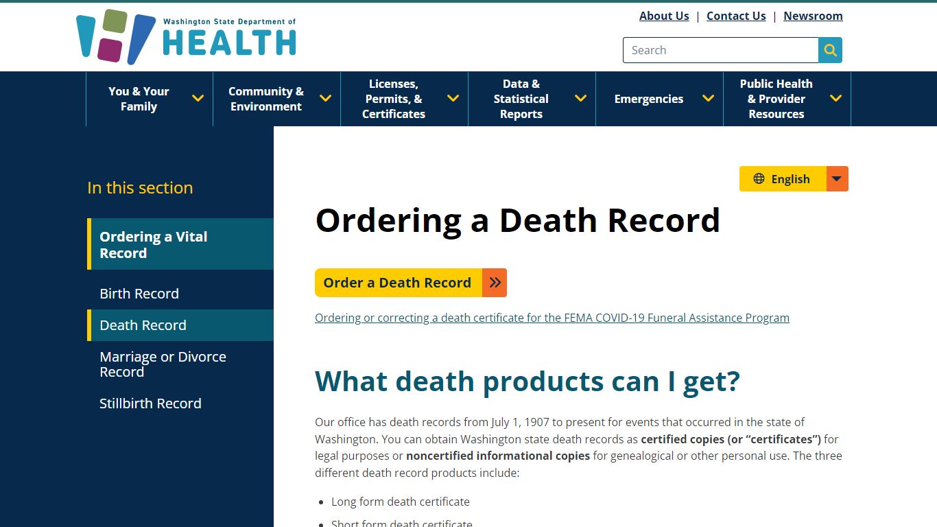 Ordering a Death Record | Washington State Department of Health